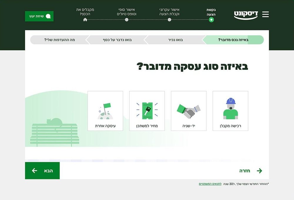 מסך בחירת סוג העסקה במסע המשכנתא הדיגיטלי של דיסקונט